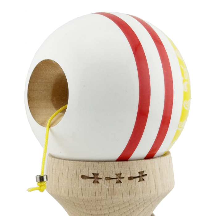 Kendama X Originala CHICANOS, Profesionala, , Cupe Mari KING SIZE V3, Super Sticky, Gaura in Baza, Rulment Metalic, din lemn 18 cm, Ata 55 cm, Galben/Alb [6]