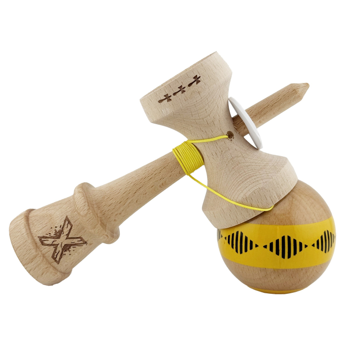 Kendama X Originala FREQUENCY, Profesionala, , Cupe Mari KING SIZE V3, Super Sticky, Gaura in Baza, Rulment Metalic, din lemn 18 cm, Ata 55 cm, Galben/Maro [5]