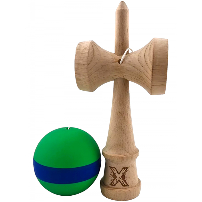 Kendama X Originala, Profesionala, , 18 cm, din Lemn, Rubber Grip, Verde/Albastru [3]