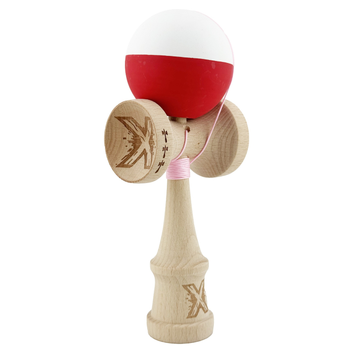 Kendama X Originala, Profesionala, , Big Cups V2, Rubber Grip cu Cupe Mari, Rulment Metalic cu Ata 55 cm, Alb/Rosu [2]