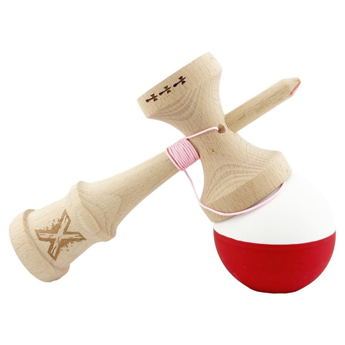 Kendama X Originala, Profesionala, , Big Cups V2, Rubber Grip cu Cupe Mari, Rulment Metalic cu Ata 55 cm, Alb/Rosu [4]