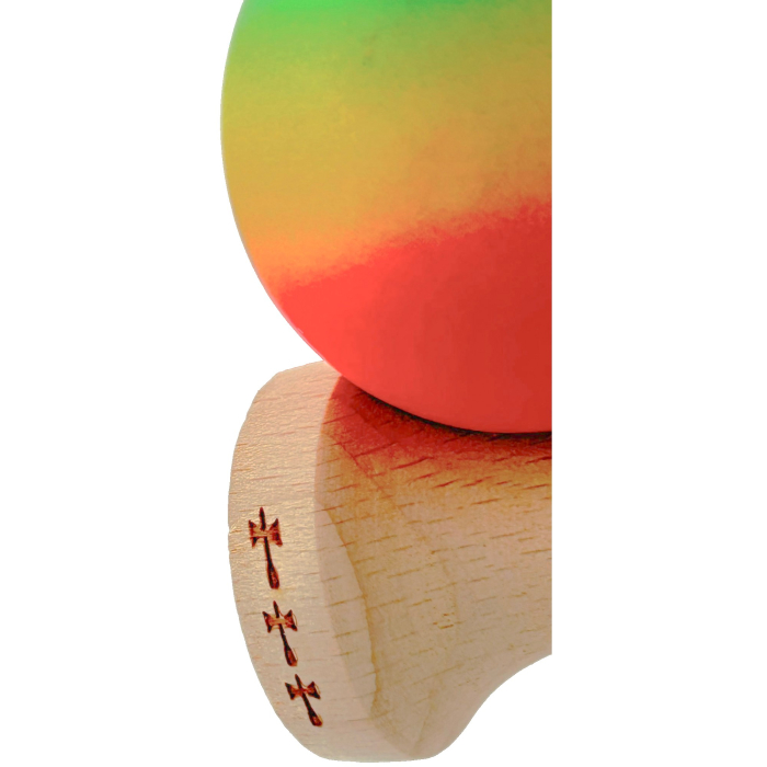 Kendama X Originala, Profesionala, , Big Cups V2, Rubber Grip cu Cupe Mari, Rulment Metalic cu Ata 55 cm, Verde/Galben/Rosu [2]
