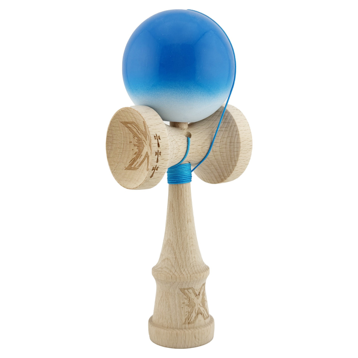 Kendama X Originala, Profesionala, , Big Cups V2, Super Sticky cu Cupe Mari, din lemn 18 cm, Rulment Metalic cu Ata 55 cm, Albastru/Alb [2]