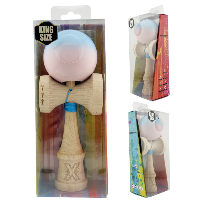 Kendama X Originala, Profesionala, , Big Cups V2, Super Sticky cu Cupe Mari, din lemn 18 cm, Rulment Metalic cu Ata 55 cm, Albastru deschis/Roz [10]