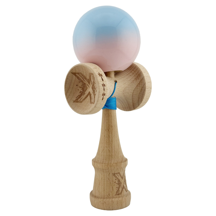 Kendama X Originala, Profesionala, , Big Cups V2, Super Sticky cu Cupe Mari, din lemn 18 cm, Rulment Metalic cu Ata 55 cm, Albastru deschis/Roz [9]
