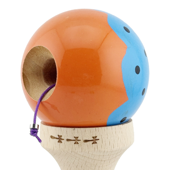 Kendama X Originala, Profesionala, , Big Cups V2, Super Sticky cu Cupe Mari, din lemn 18 cm, Rulment Metalic cu Ata 55 cm, Albastru/Portocaliu [6]