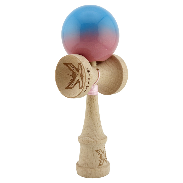 Kendama X Originala, Profesionala, , Big Cups V2, Super Sticky cu Cupe Mari, din lemn 18 cm, Rulment Metalic cu Ata 55 cm, Albastru/Roz [9]