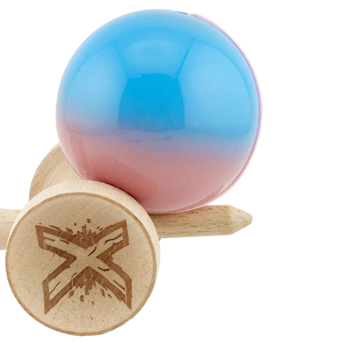 Kendama X Originala, Profesionala, , Big Cups V2, Super Sticky cu Cupe Mari, din lemn 18 cm, Rulment Metalic cu Ata 55 cm, Albastru/Roz [7]