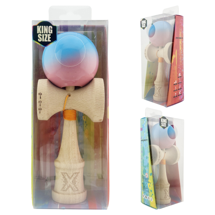 Kendama X Originala, Profesionala, , Big Cups V2, Super Sticky cu Cupe Mari, din lemn 18 cm, Rulment Metalic cu Ata 55 cm, Albastru/Roz [10]