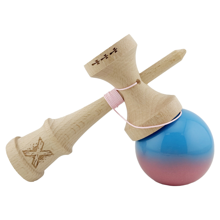 Kendama X Originala, Profesionala, , Big Cups V2, Super Sticky cu Cupe Mari, din lemn 18 cm, Rulment Metalic cu Ata 55 cm, Albastru/Roz [4]