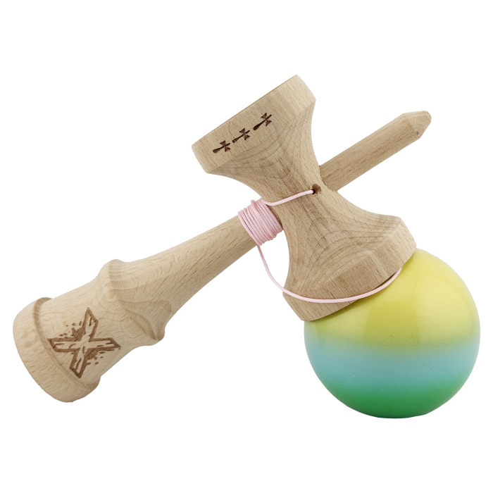 Kendama X Originala, Profesionala, , Big Cups V2, Super Sticky cu Cupe Mari, din lemn 18 cm, Rulment Metalic cu Ata 55 cm, Galben/Albastru/Verde [4]