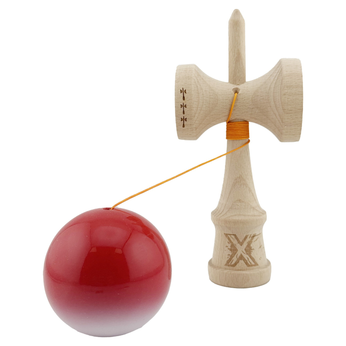 Kendama X Originala, Profesionala, , Big Cups V2, Super Sticky cu Cupe Mari, din lemn 18 cm, Rulment Metalic cu Ata 55 cm, Gradient Rosu/Alb [3]