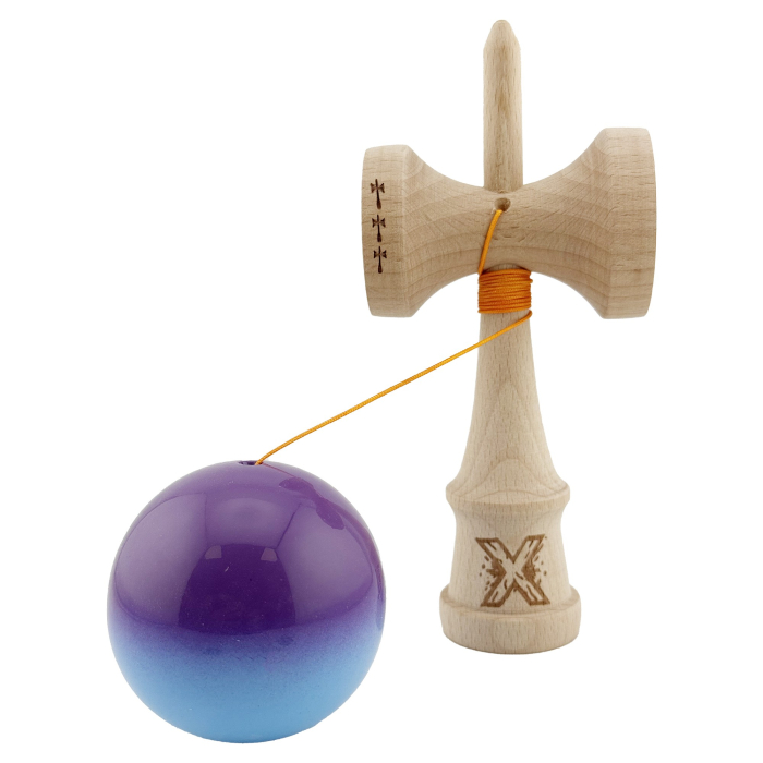Kendama X Originala, Profesionala, , Big Cups V2, Super Sticky cu Cupe Mari, din lemn 18 cm, Rulment Metalic cu Ata 55 cm, Mov/Albastru [3]