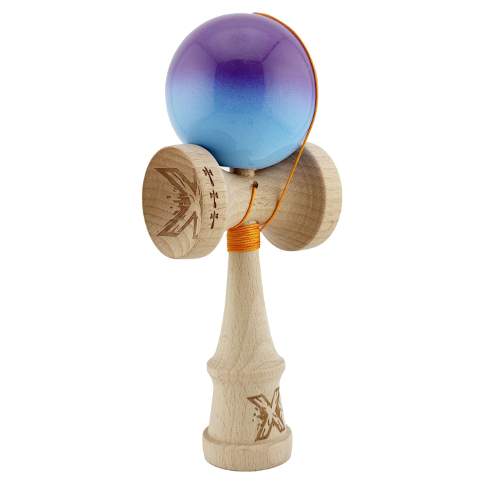 Kendama X Originala, Profesionala, , Big Cups V2, Super Sticky cu Cupe Mari, din lemn 18 cm, Rulment Metalic cu Ata 55 cm, Mov/Albastru [2]