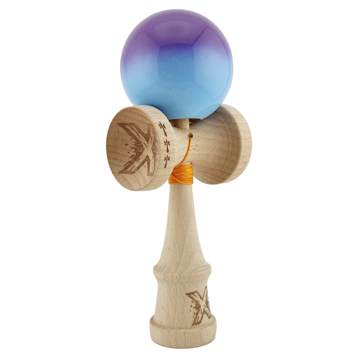 Kendama X Originala, Profesionala, , Big Cups V2, Super Sticky cu Cupe Mari, din lemn 18 cm, Rulment Metalic cu Ata 55 cm, Mov/Albastru [10]