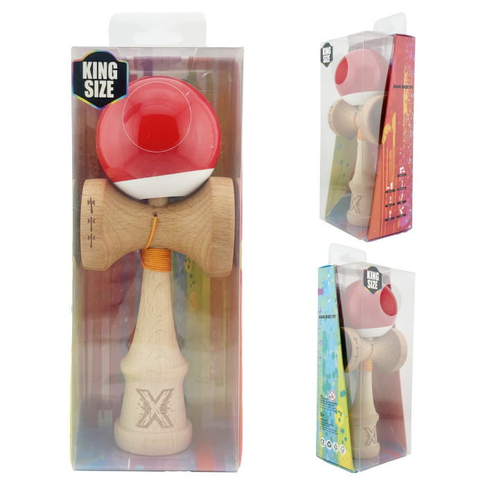 Kendama X Originala, Profesionala, , Big Cups V2, Super Sticky cu Cupe Mari, din lemn 18 cm, Rulment Metalic cu Ata 55 cm, Rosu/Alb [10]