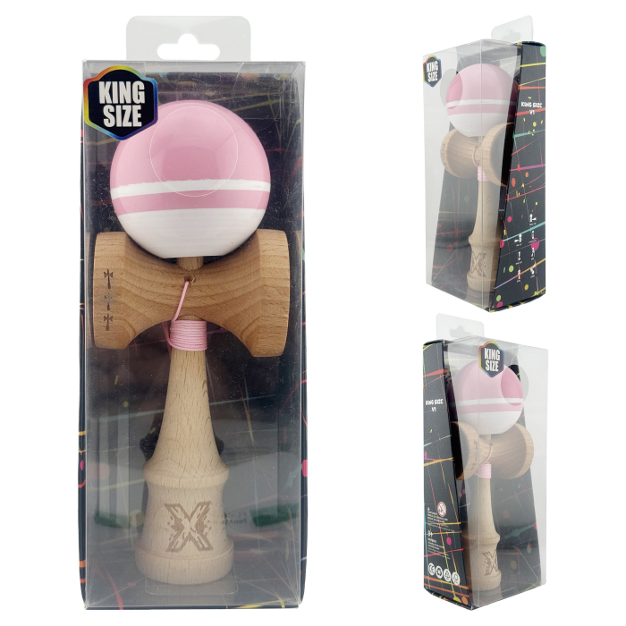 Kendama X Originala, Profesionala, , Big Cups V2, Super Sticky cu Cupe Mari, din lemn 18 cm, Rulment Metalic cu Ata 55 cm, Roz/Alb [10]