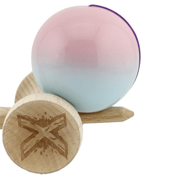 Kendama X Originala, Profesionala, , Big Cups V2, Super Sticky cu Cupe Mari, din lemn 18 cm, Rulment Metalic cu Ata 55 cm, Roz/Albastru deschis [7]