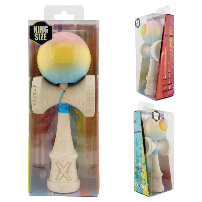 Kendama X Originala, Profesionala, , Big Cups V2, Super Sticky cu Cupe Mari, din lemn 18 cm, Rulment Metalic cu Ata 55 cm, Roz/Galben/Albastru [10]