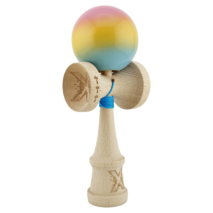 Kendama X Originala, Profesionala, , Big Cups V2, Super Sticky cu Cupe Mari, din lemn 18 cm, Rulment Metalic cu Ata 55 cm, Roz/Galben/Albastru [9]