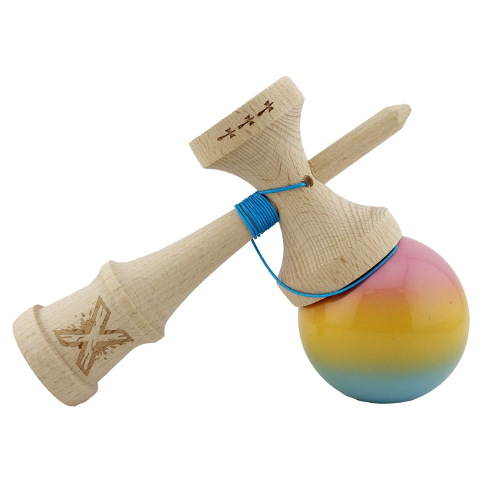 Kendama X Originala, Profesionala, , Big Cups V2, Super Sticky cu Cupe Mari, din lemn 18 cm, Rulment Metalic cu Ata 55 cm, Roz/Galben/Albastru [4]