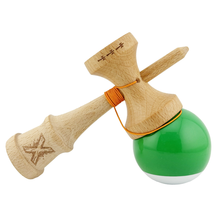 Kendama X Originala, Profesionala, , Big Cups V2, Super Sticky cu Cupe Mari, din lemn 18 cm, Rulment Metalic cu Ata 55 cm, Verde/Alb [4]