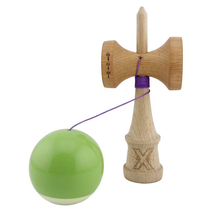 Kendama X Originala, Profesionala, , Big Cups V2, Super Sticky cu Cupe Mari, din lemn 18 cm, Rulment Metalic cu Ata 55 cm, Verde deschis/Alb [3]