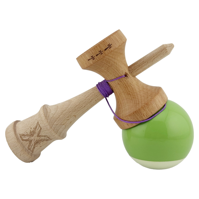 Kendama X Originala, Profesionala, , Big Cups V2, Super Sticky cu Cupe Mari, din lemn 18 cm, Rulment Metalic cu Ata 55 cm, Verde deschis/Alb [4]