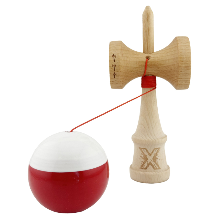 Kendama X Originala, Profesionala, , Big Cups V2, Super Sticky cu Cupe Mari, Rulment Metalic, din lemn 18 cm, Ata 55 cm, Alb/Rosu [3]