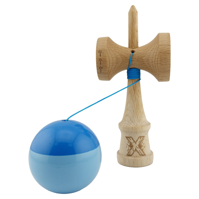 Kendama X Originala, Profesionala, , Big Cups V2, Super Sticky cu Cupe Mari, Rulment Metalic, din lemn 18 cm, Ata 55 cm, Albastru/Bleu [3]
