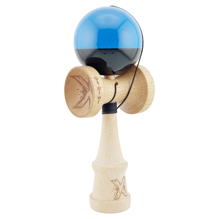 Kendama X Originala, Profesionala, , Big Cups V2, Super Sticky cu Cupe Mari, Rulment Metalic, din lemn 18 cm, Ata 55 cm, Albastru/Negru [2]