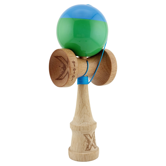 Kendama X Originala, Profesionala, , Big Cups V2, Super Sticky cu Cupe Mari, Rulment Metalic, din lemn 18 cm, Ata 55 cm, Albastru/Verde [2]