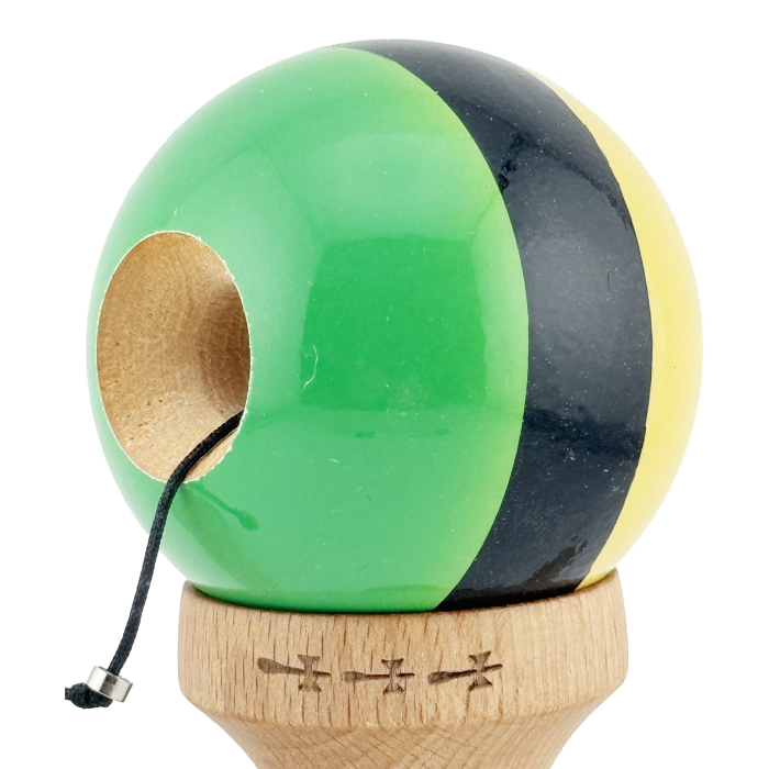 Kendama X Originala, Profesionala, , Big Cups V2, Super Sticky cu Cupe Mari, Rulment Metalic, din lemn 18 cm, Ata 55 cm, Galben/Negru/Verde [6]