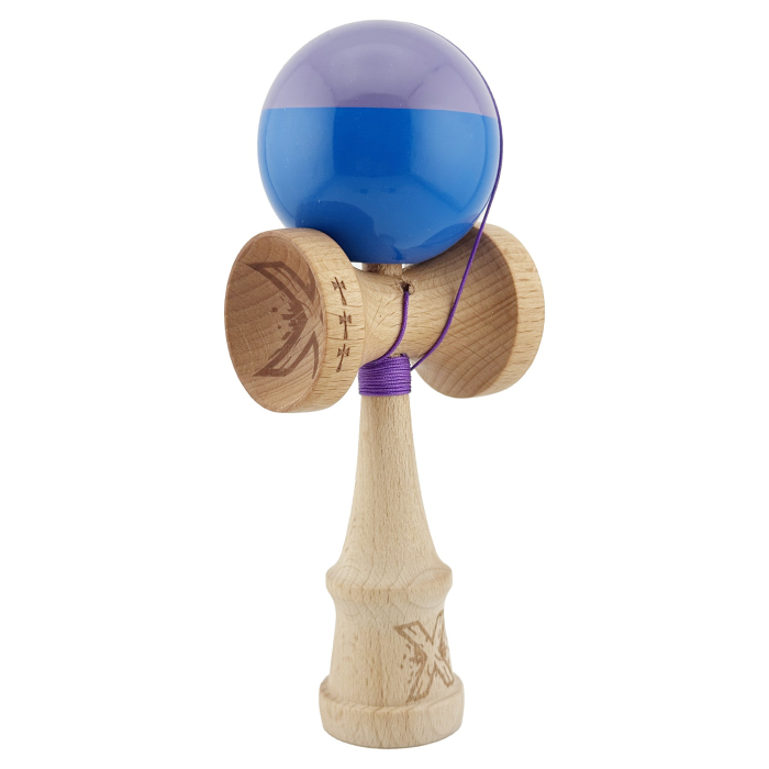 Kendama X Originala, Profesionala, , Big Cups V2, Super Sticky cu Cupe Mari, Rulment Metalic, din lemn 18 cm, Ata 55 cm, Mov/Albastru [2]