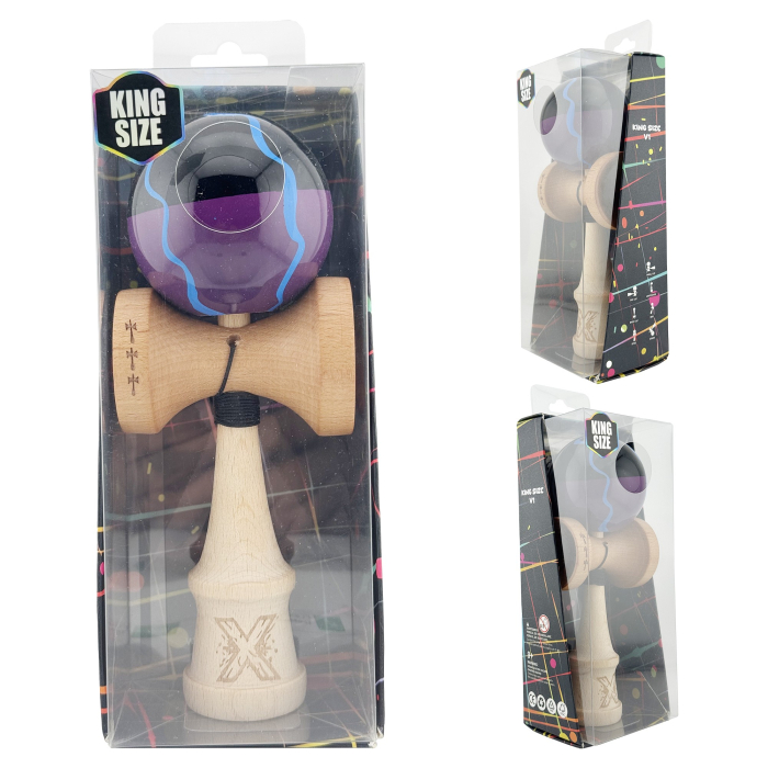 Kendama X Originala, Profesionala, , Big Cups V2, Super Sticky cu Cupe Mari, Rulment Metalic, din lemn 18 cm, Ata 55 cm, Negru/Mov [5]