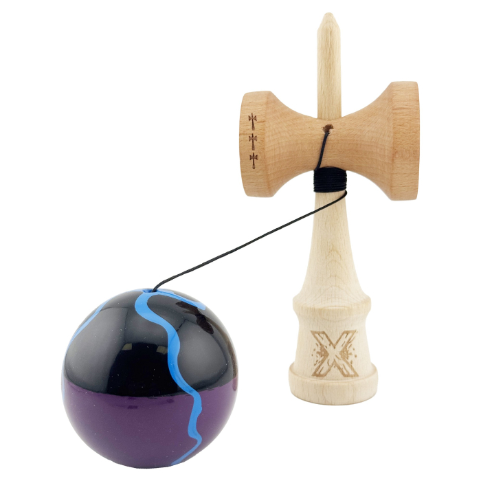 Kendama X Originala, Profesionala, , Big Cups V2, Super Sticky cu Cupe Mari, Rulment Metalic, din lemn 18 cm, Ata 55 cm, Negru/Mov [3]