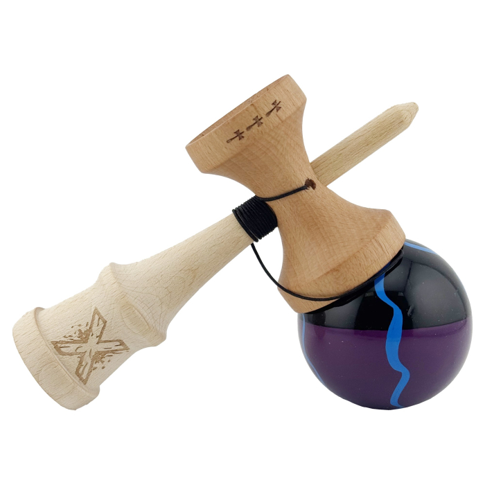 Kendama X Originala, Profesionala, , Big Cups V2, Super Sticky cu Cupe Mari, Rulment Metalic, din lemn 18 cm, Ata 55 cm, Negru/Mov [4]