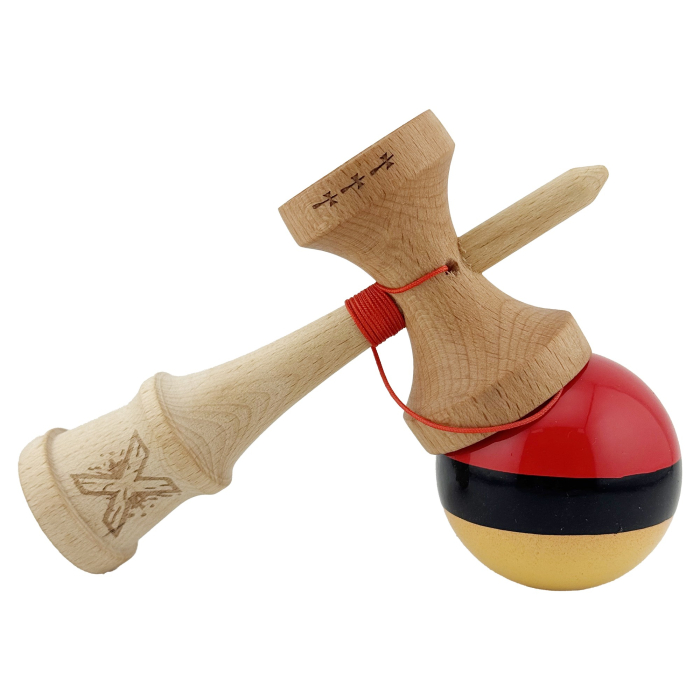 Kendama X Originala, Profesionala, , Big Cups V2, Super Sticky cu Cupe Mari, Rulment Metalic, din lemn 18 cm, Ata 55 cm, Rosu/Negru/Galben [4]