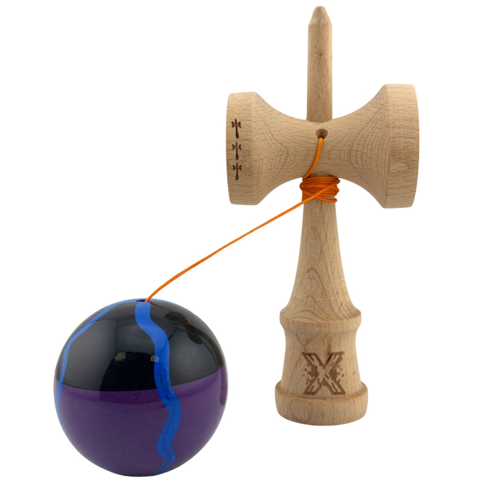 Kendama X Originala, Profesionala, , Big Cups V2, Super Sticky Cupe Mari, Rulment Metalic cu Ata 55 cm, Negru Mov cu Linii [6]