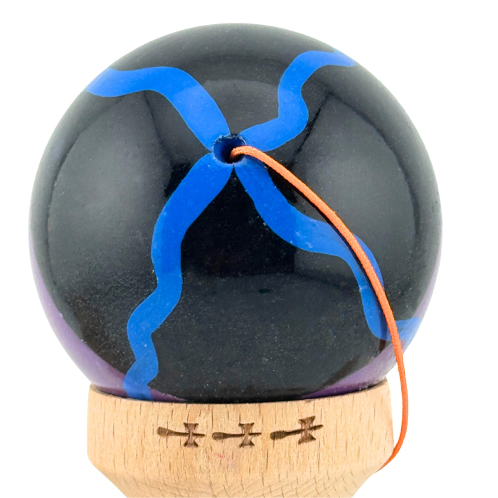 Kendama X Originala, Profesionala, , Big Cups V2, Super Sticky Cupe Mari, Rulment Metalic cu Ata 55 cm, Negru Mov cu Linii [8]