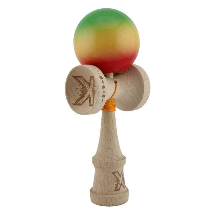 Kendama X Originala, Profesionala, , Big Cups V2, Super Sticky Cupe Mari, Rulment Metalic cu Ata 55 cm, Verde/Galben/Rosu [9]