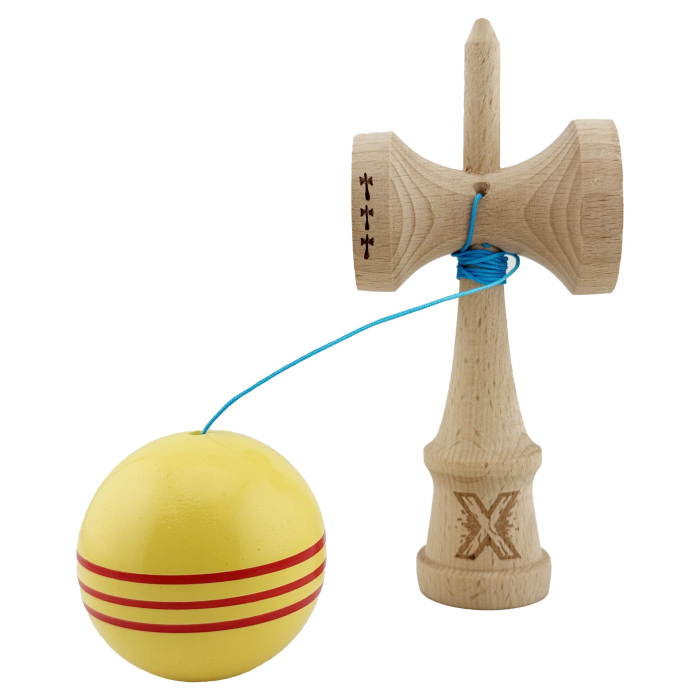 Kendama X Originala, Profesionala, , Big Cups V2, Super Sticky Legendary Cupe Mari, Rulment Metalic cu Ata 55 cm, Galben/Linii Rosii [3]