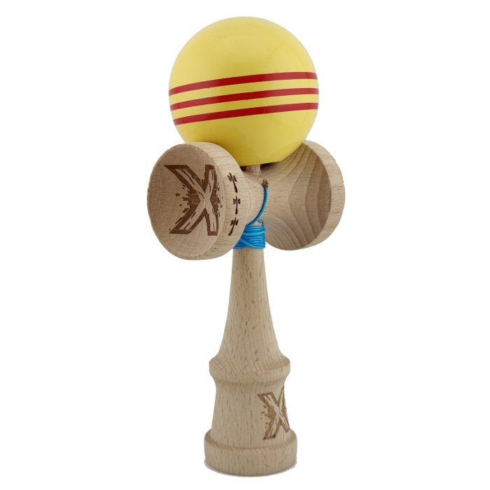 Kendama X Originala, Profesionala, , Big Cups V2, Super Sticky Legendary Cupe Mari, Rulment Metalic cu Ata 55 cm, Galben/Linii Rosii [9]