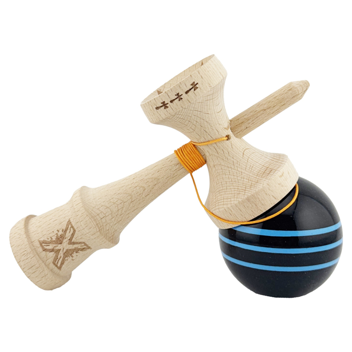 Kendama X Originala, Profesionala, , Big Cups V2, Super Sticky Legendary Cupe Mari, Rulment Metalic cu Ata 55 cm, Negru/Linii Albastre deschise [4]