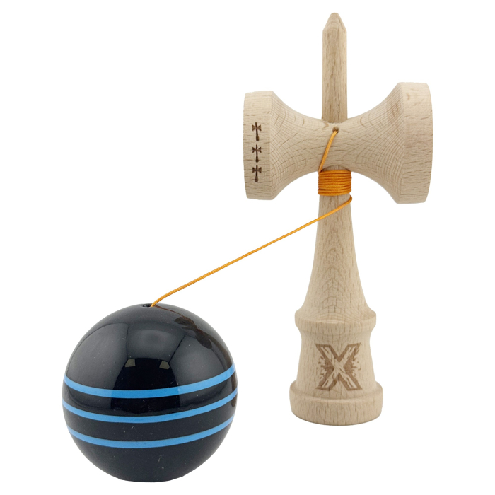 Kendama X Originala, Profesionala, , Big Cups V2, Super Sticky Legendary Cupe Mari, Rulment Metalic cu Ata 55 cm, Negru/Linii Albastre deschise [3]