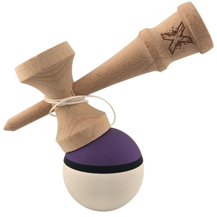 Kendama X Originala, Profesionala, , din Lemn, Rubber Grip, 18 cm, Mov/Negru/Alb [3]