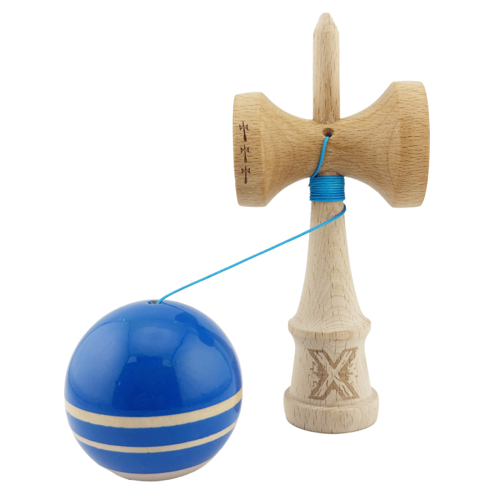 Kendama X Rainbow Originala, Profesionala, , Big Cups V2, Super Sticky cu Cupe Mari, Rulment Metalic, din lemn 18 cm, Ata 55 cm, Albastru/Maro [3]