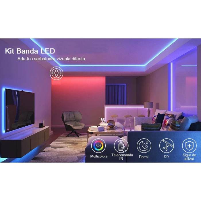Kit Banda Led RGB SMD 5050 cu Transformator inclus - Lungime 5 M, 270 LED-uri, Telecomanda 44 taste, pentru TV, PC, Auto, IP65, Lumina Ambientala [14]