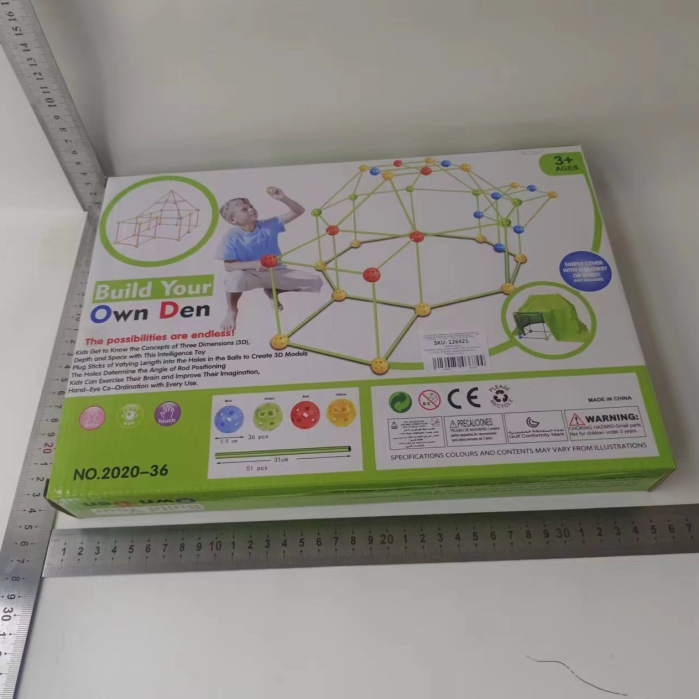 Kit de Constructie Fort 3D pentru Copii, , 560 g, 36 Sfere, 51 Tije, Panza Verde Impermeabil, 3 ani, Educativ, Multicolor [2]