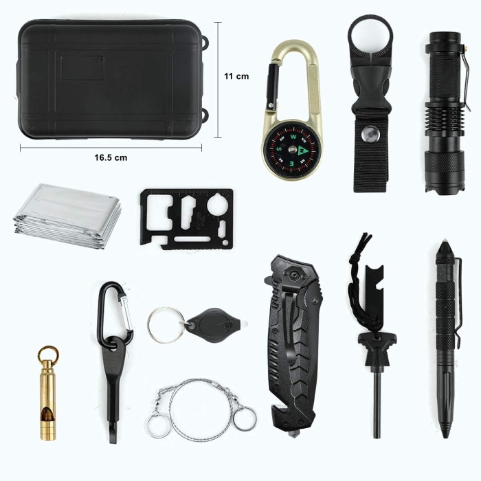Kit supravietuire 19 in 1 , Cutit/Busola/Lanterna/Fluier/Chingi/Paracord, pentru Caping, Drumetii, Aventuri, Insturmente profesionale, Negru [6]